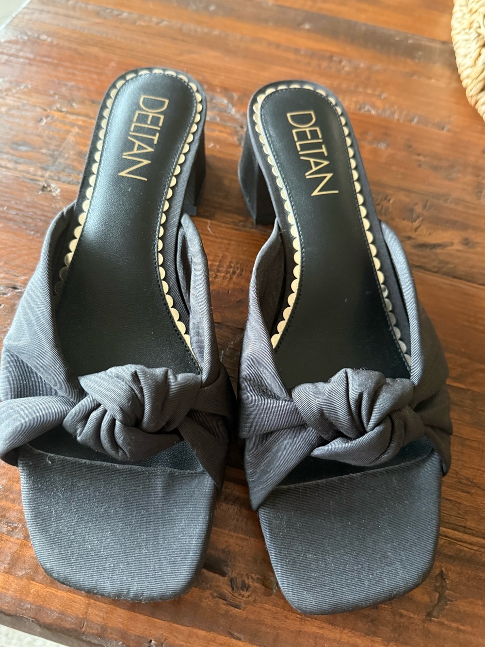 Deltan Black Knotted Fabric Block Heel Mules
